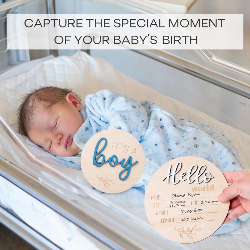 Giftacity Gender Reveal Sign for Baby Birth: 3Pcs It's A Boy Girl & Hello World Announcement Sign for Hospital - Wooden Newborn Welcome Board for New Boys and Girls - Image 3